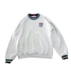 90s ヴィンテージ古着 L JERZEES SUPER SWEATS ジャージーズ 刺繍 ヴィンテージスウェット 白 紫 青緑 ラインリブ USA 重ね着風 メンズＭ-L 1990s
