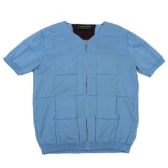コムデギャルソン オムプリュスCOMME des GARCONS HOMME PLUS 裏チェックジャガード半袖ニットカーディガン 水色ボルドーM位
