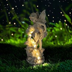ソーラーライト ガーデンライト ガーデンオーナメント 花を見ている妖精 彫刻風 ホワイト 庭オブジェ 癒しグッズ ガーデニング お庭 玄関ライト 園芸装飾 インテリア オシャレ 防水 ギフト プレゼント 樹脂