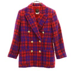 CELINE セリーヌ 80s フランス製 ヴィンテージ チェック柄 ツイード ダブル テーラードジャケット 38 レッド レディース 古着
