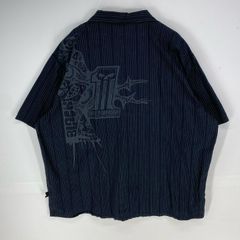 古着 ハーレーダビッドソン HARLEY DAVIDSON 半袖シャツ 刺繍ロゴ バックプリント 胸ポケット 3XL  ブラック系 ストライプ メンズ
