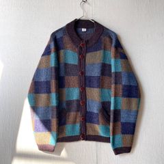 イタリア製 70s 80s Vintage ウール ニット カーディガン / M アクリル ブルー ブラウン チェック ユーロ ビンテージ K6-08005-9319