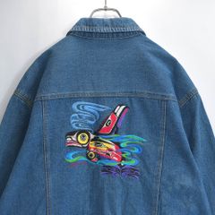 90s 00s MOST WANTED モストウォンテッド デニムジャケット オルカ シャチ フォームライン ハイダ族 刺<!-利用不可文字-!> USED ヴィンテージ ビンテージ 古着 メンズ Lサイズ