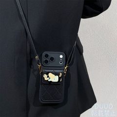 黒菱格水玉犬柄 iPhoneケース カード収納 ショルダーストラップ付き 耐衝撃 保護ケース ソフトケース 多機種対応 iPhone18 Pro Max/iPhone18Pro/iPhone17/iPhone16/iPhone15/iPhone14/13/12