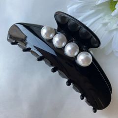 バンスクリップ ヘアクリップ 大きめ ブラック 黒 大粒パール4粒 パール付き 上品 高見え エレガント まとめ髪 ヘアアクセサリー レディース 秋冬【No.030】