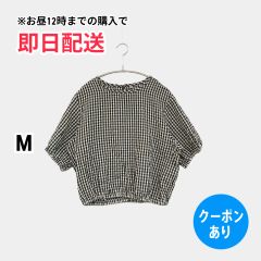 シャツ/ブラウス M ブラック チェック柄 ショート丈 半袖 ノーカラー レディース
