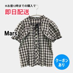 Mars マーズ シャツ/ブラウス ブラック コットン チェック柄 リボン フリル ミドル丈 半袖 レディース