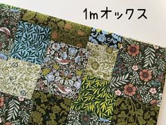 1m　南仏　パッチ柄　ボタニカル　小鳥　オックス　生地　グリーン　＠39D