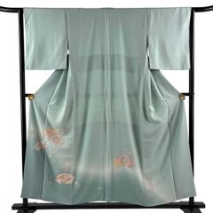 付下げ 身丈154.5cm 裄丈63.5cm S 袷 華文 草花 蘇州刺繍 ぼかし 薄緑 正絹 名品 【中古】