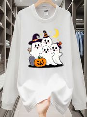 ユニセックス長袖 T シャツ 前面プリント ハロウィン かわいいおばけ 4 体 カボチャと三日月 ドット絵イラスト ホワイト ゆったりシルエット カジュアル 男女兼用 春秋トップス 