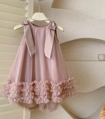 韓国子供服　アシンメトリー チュール  ドレス　キッズ　セレモニードレス　誕生日　結婚式　ベビードレス　可愛い　くすみピンク