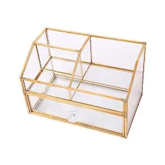 ☆新品☆BelleLife コスメ収納 メイク収納 小物入れ 化粧品収納ボックス 透明ケース ガラス 真鍮 化粧品収納ラック 耐久性 整理整頓 卓上収納 リップケース 引き出し 化粧品入れ おしゃれ 透明ガラス 化粧品入れ コスメ収納 ネイル a769e184
