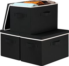 (ブラック 整理かご 雑誌収納ケース 押入れ収納 ケース カラーボックス 3個セット) 布製 収納ケース 取っ手付き 折り畳み 幅38×奥行25×高さ25cm 蓋付き 収納ボックス