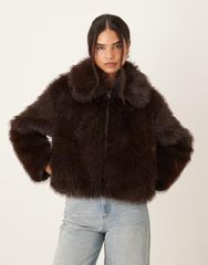 マンゴ レディース アウター ジャケット・ブルゾン ジャケット Mango short zip up faux fur jacket BROWN ブラウン