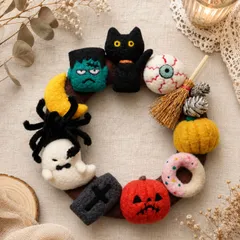 ハロウィン 羊毛フェルト 黒猫 ゴースト 目玉 カボチャ お墓 フランケン 飾り リース「受注制作」
