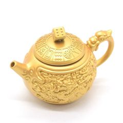 急須 置物 金属製 蓋回転ギミック 5cm 金色塗装 龍と鳳凰柄 サイコロ 国士無双