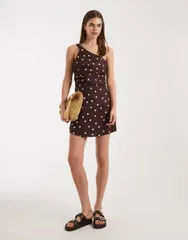 コットンオン レディース トップス ワンピース ドット柄 ドット ミニ リネン Cottone shoulder linen mini dress in dark oak polka dot DARK