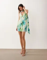 エイソス レディース トップス ワンピース フラワー柄 プリント ミニ フラワー ASOS DESIGN printed plisse mini dress with scarf detail flo