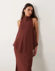 エイソス レディース トップス ワンピース シフォン ハイネック マキシ ASOS DESIGN chiffon high neck double layer maxi dress in chocol