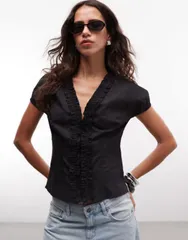 コルージョン レディース トップス シャツ フリル ブラウス COLLUSION ruffle detail short sleeve blouse Black ブラック