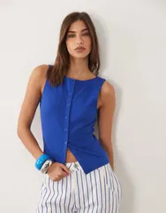 エイソス レディース トップス タンクトップ ASOS DESIGN boat neck tank with buttons in bright BLUE ブルー