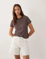 マンゴ レディース トップス Tシャツ ニット Mango short sleeve knitop stripes Chocolate チョコレート