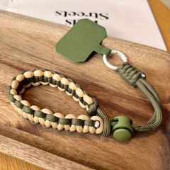 【手作り編み込み】携帯ストラップ 調節可能 カラビナ式 金属クリップ 純手作り 防盗 ショート シンプル おしゃれ iPhone Android カメラ対応【ミリタリーグリーンアプリコット】