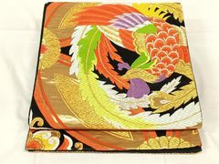 平和屋着物◎六通柄袋帯　唐織　七宝鳳凰文　黒地　金銀糸　正絹　逸品　AABM9233dk