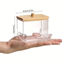 【木製蓋付き】アクリル製綿棒ケース 7oz 大容量 クリアデザイン バスルーム収納 高品質 軽量 バスルームアクセサリー