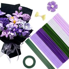 【新品】 URSDIART モール 手芸 250本 パープル 紫 モールフラワー キット 花束 20本 茎ワイヤー テープ1巻 花芯 150本 DIY 飾り物