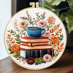 【初心者歓迎】大人向け刺繍キット 花柄ブックプリント柄 針・糸・枠・説明書付 手芸キット DIY 感謝祭・新年ギフト・ホームデコレーションに最適【ブックフラワーティーコンパニオン 29*29cm + 缶詰】