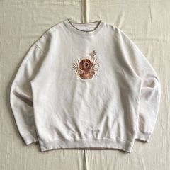 90s　vintage　ヴィンテージ古着　ブリタニー・スパニエル　犬　鴨　アートグラフィック刺繍　クルーネック　スウェット　トレーナー　リブライン　超ライトベージュ　XL　Y2K　C-BOY　dog × duck embroidery sweat shirt