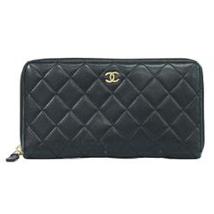 本物 シャネル CHANEL マトラッセ ココマーク ラウンドファスナー 長財布 ロングウォレット ラムスキン レザー ブラック Matelasse 財布 ウォレット 中古・