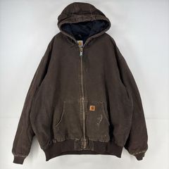 古着 カーハート Carhartt ダック ジャケット パーカー アクティブジャケット ワーク フルジップ ロゴ 中綿 2XL  ブラウン メンズ