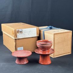 川崎和楽 赤楽 揃 天目茶碗 天目台 高杯 共箱 茶道具 供茶茶碗一揃 抹茶碗 骨董