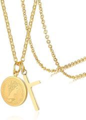 ネックレス レディース ゴールド 十字架ネックレス クロス 円形 コインペンダント ダブル チタン 金属アレルギー対応 お守り 宗教風 アクセサリー