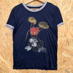 ディズニー DISNEY ミッキーマウス 逆立ちプリント リンガーTシャツ ネイビー グレー M キャラクターT 古着Tシャツ カレッジ風 海外古着 メンズ レディース ユニセックス カットソー