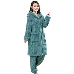 [SIPERLARI] ルームウェア レディース 上下セット 加厚い 両面起毛パジャマ コーラルフリース 可愛い ジャカード 暖かい 前開き ポケット付き フード付き 長袖 トップス 長ズボン もこもこ 無地 着る毛布 防寒対策 ゆったり 部屋着 秋 冬(青緑