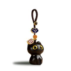 【新品】 [XiTren] 黒猫ストラップ ねこキーホルダー 漫画の猫のペンダント 携帯ストラップ スマホ 開運 金運 黒檀 サンダルウッド お守り 立体彫刻 可愛い 癒しの飾り物 手織キーリング カーストラップ（黒檀）