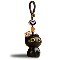 【新品】 [Cirsaeur] 黒猫ストラップ ねこキーホルダー 漫画の猫のペンダント 携帯ストラップ スマホ 開運 金運 黒檀 サンダルウッド お守り 立体彫刻 可愛い 癒しの飾り物 手織キーリング カーストラップ（黒檀）