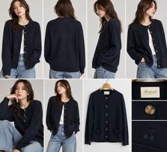 Bonpoint Navy Blue Knit Cardigan Crewneck Button Front Two Pockets Logo Embroidery