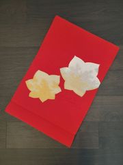 名古屋帯　夏帯　お太鼓柄　赤　ゴールド　帯　おしゃれ　上品　高級　お茶会