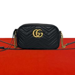 極 美品 GUCCI グッチ GGマーモント ロゴ 金具 キルティング レザー 本革 ショルダーバッグ ポシェット レディース ブラック 25378