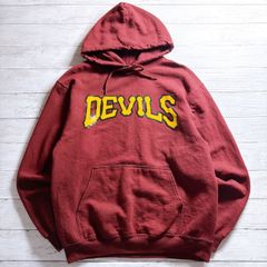【カレッジデザイン】DEVILS GRAPHIC HOODIE デビルズ バーガンディ レッド イエロー アーチロゴ プリント プルオーバーパーカー 古着 #26321
