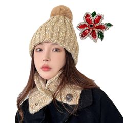 [LYGGIE] ニット帽 ネックウォーマー 赤い 花 クリスマス ブローチ ピン [3点セット] レディース ビーニー ポンポン付き帽子 ニットキャップ 冬 防寒 小顔効果 可愛い おしゃれ 無地 厚手 裏起毛 スキー 自転車 通勤 通学