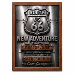 Coco Garage ルート66 メタル風ヴィンテージポスター、アメリカン レトロスタイル、ガレージ壁飾り、木製フレーム付き