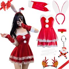 [Goreson] サンタコスプレ レディース【豪華7点セット】 バニー サンタクロース クリスマス コスプレセクシー うさ耳 ワンピース アームカバー サンタクロース ワンピース かわいい ミニスカサンタ