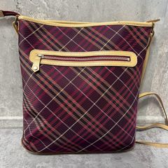 【BURBERRY】バーバリー ショルダーバッグ チェック柄 ボルドー ブラウン ベージュトリム フロントファスナー 斜め掛け レディース 総柄