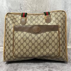 【GUCCI】グッチ トートバッグ GG柄 ベージュ PVC レザー ウェブストライプ 肩掛け フロントポケット ロゴ金具 ヴィンテージ レディース