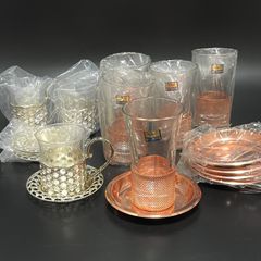 ◼︎未使用保管品◼︎ホルダー付カップ＆ソーサー 2種8脚セット 一口ビアグラス チャイグラス